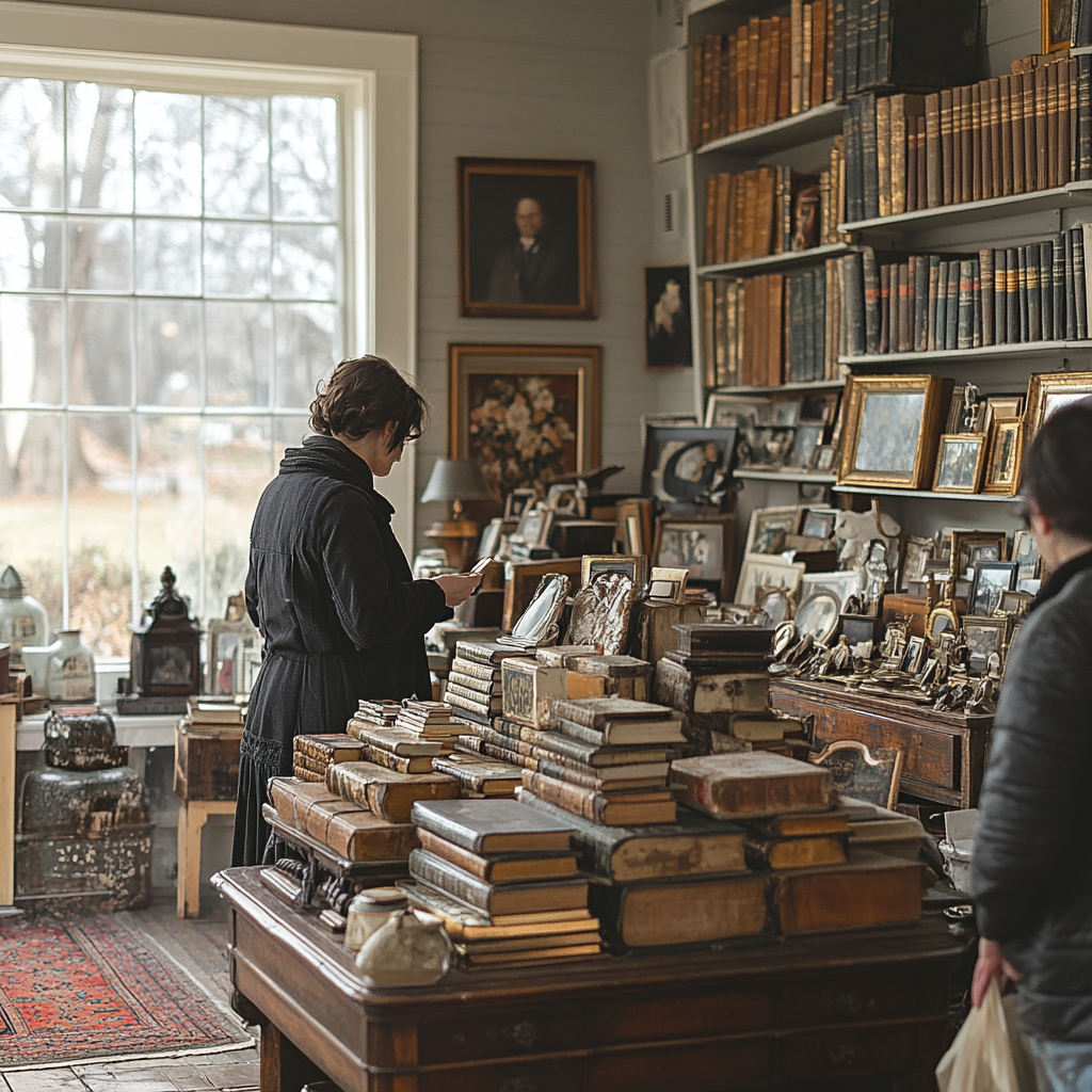 Shoppers examining vintage furniture and antiques at an indoor estate sale.