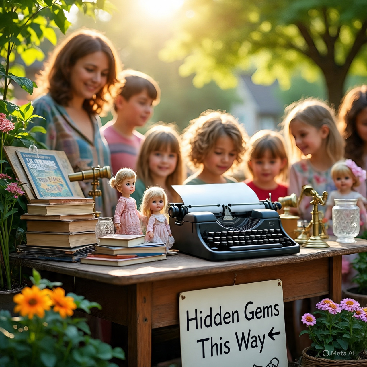 Children exploring vintage dolls and books at a whimsical yard sale table with a sign reading 'Hidden Gems This Way'"