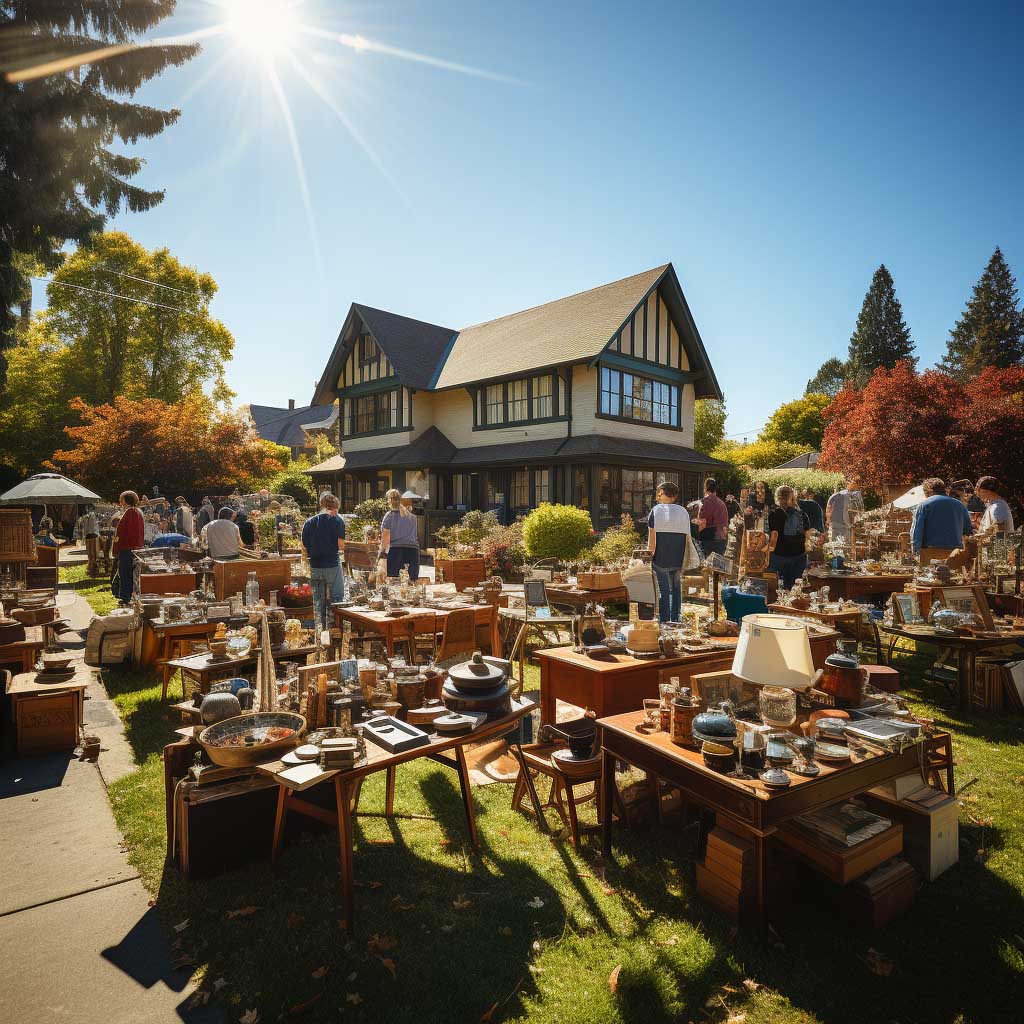 Wide-angle view of a busy yard sale in a sunny suburban neighborhood with tables full of books, tools, dishes, and home decor.