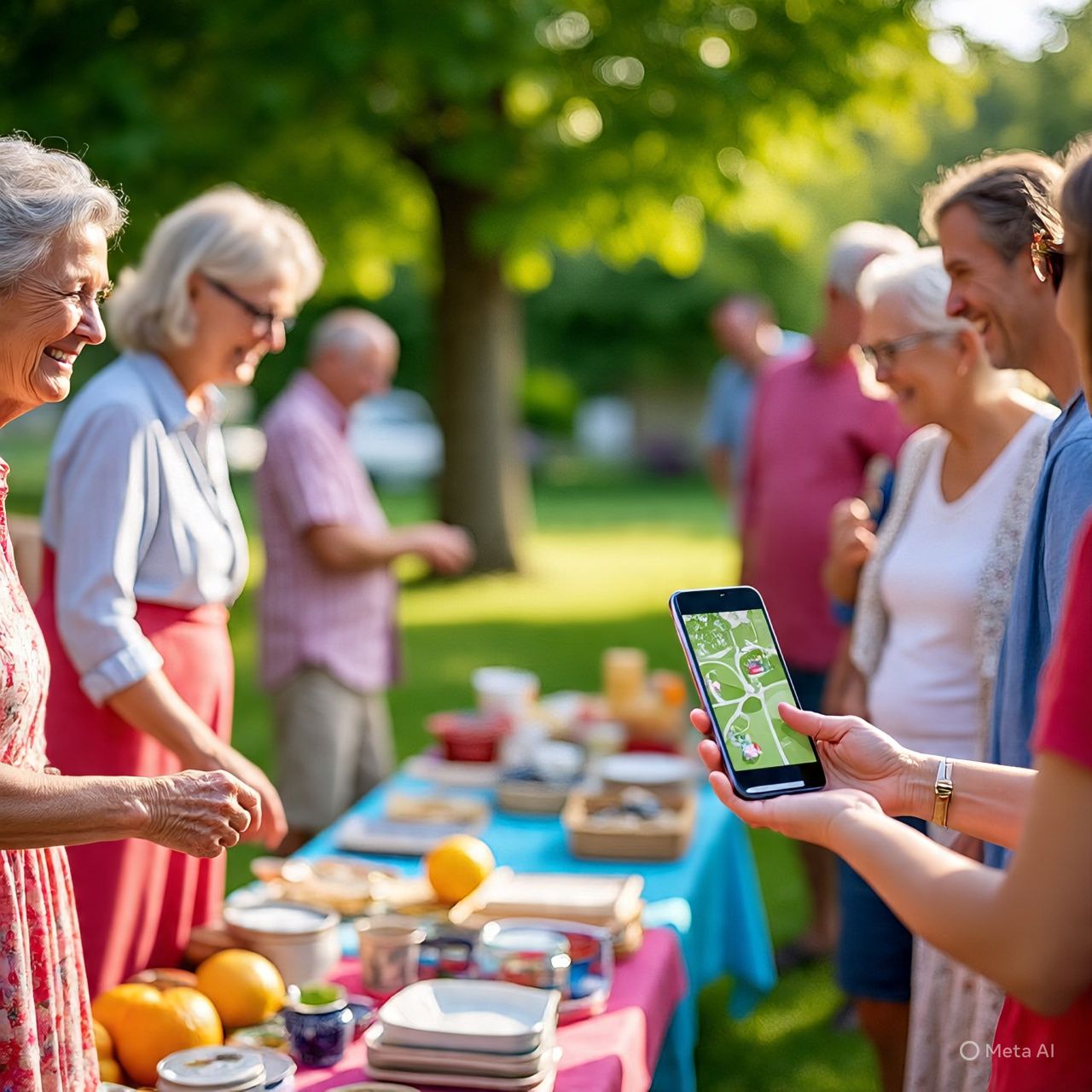 People browsing items at a community yard sale using a mobile app to find deals and locations.
