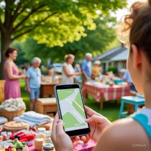 A person using a mobile yard sale app while browsing a community yard sale event.