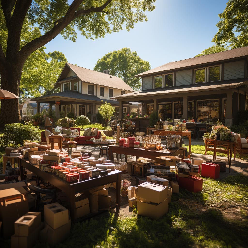 Organized yard sale with tables full of household items, toys, books, and clothes in a sunny front yard