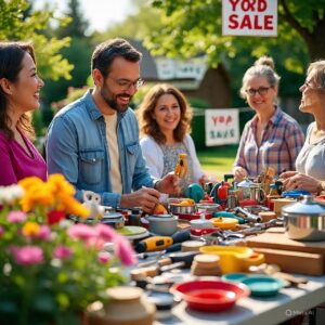 Group of smiling shoppers browsing colorful yard sale tables filled with tools, kitchen gadgets, and home accessories.
