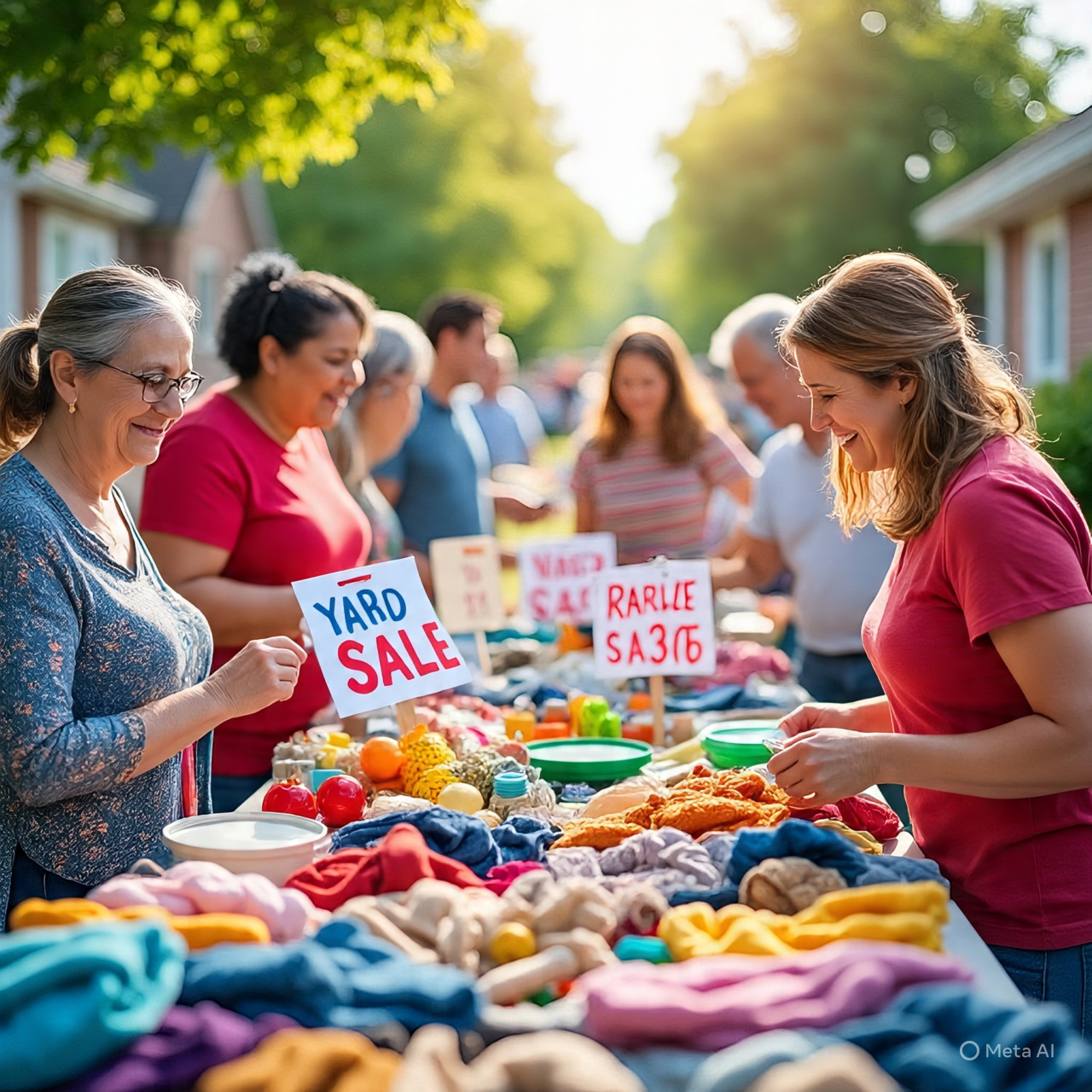 A group of smiling people shopping at a colorful yard sale on a sunny day with visible "Yard Sale" signs and neatly organized tables.