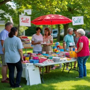 People chatting and browsing items at a friendly yard sale in a green outdoor setting with a red umbrella and organized tables.