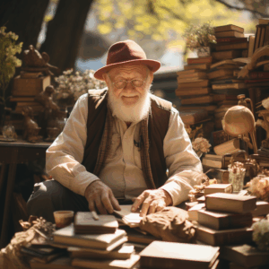 Smiling elderly man surrounded by vintage books and antiques at a peaceful shaded yard sale"