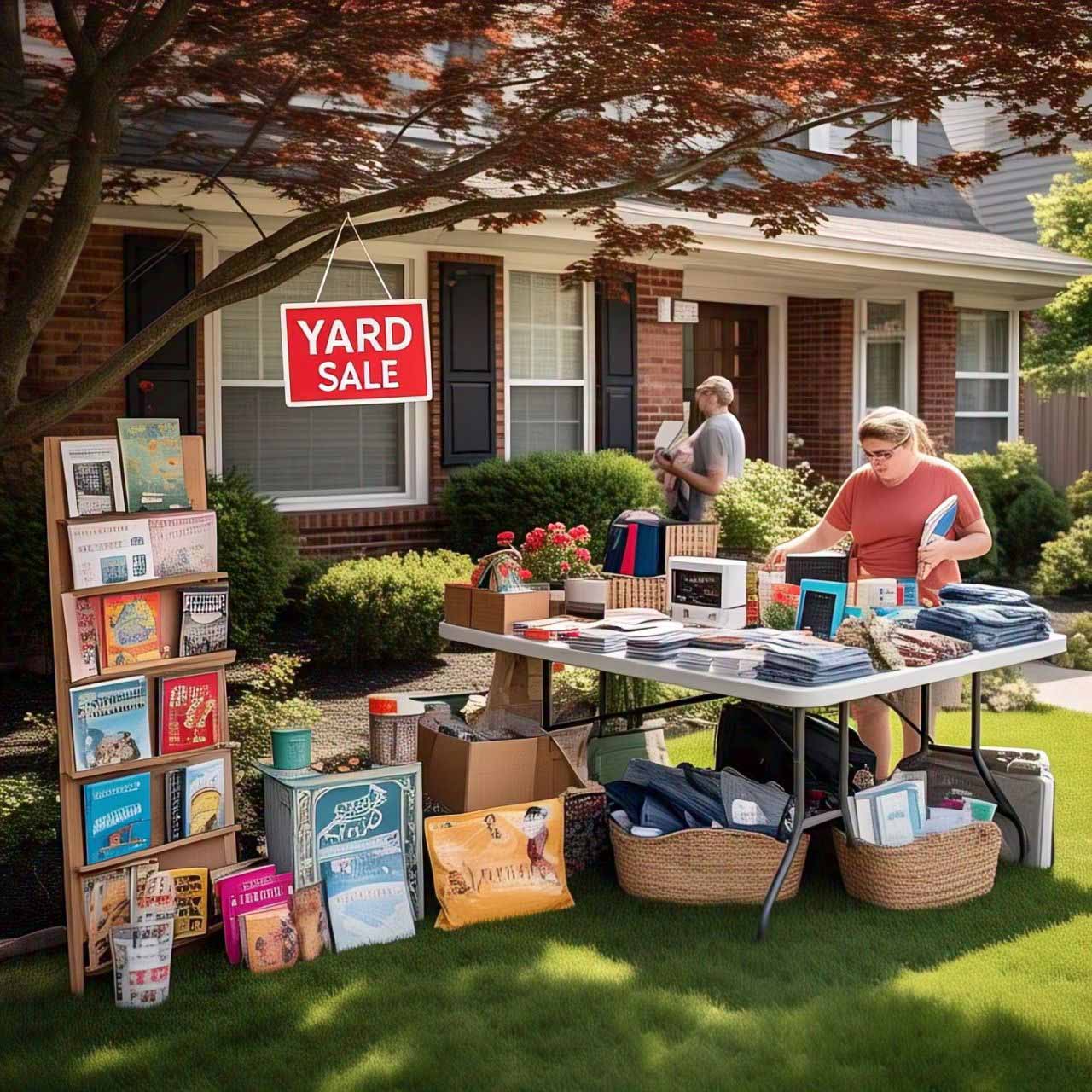 People shopping at a yard sale this weekend in a suburban neighborhood