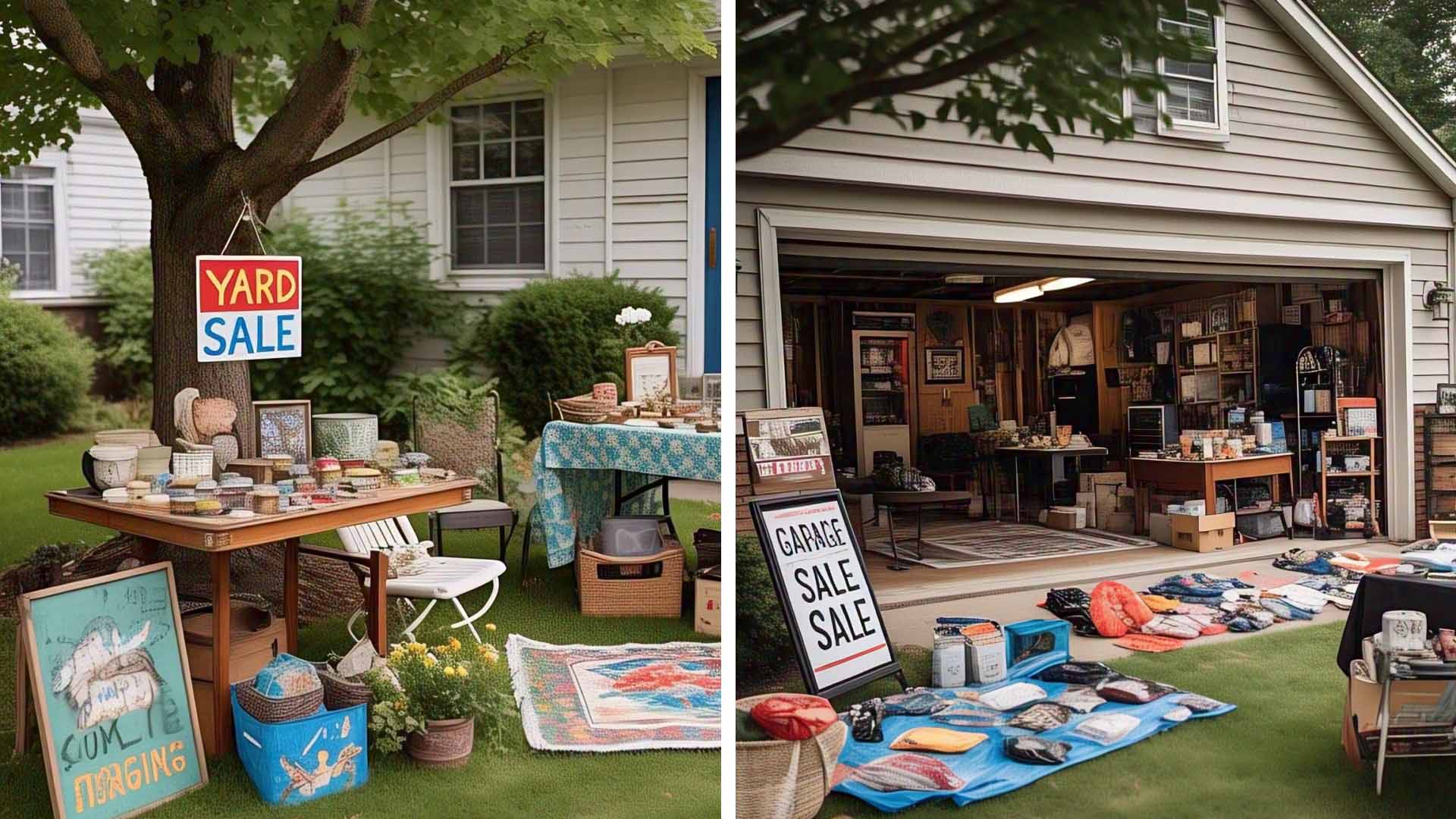 A colorful yard sale and garage sale setup with household items displayed on tables and the lawn.