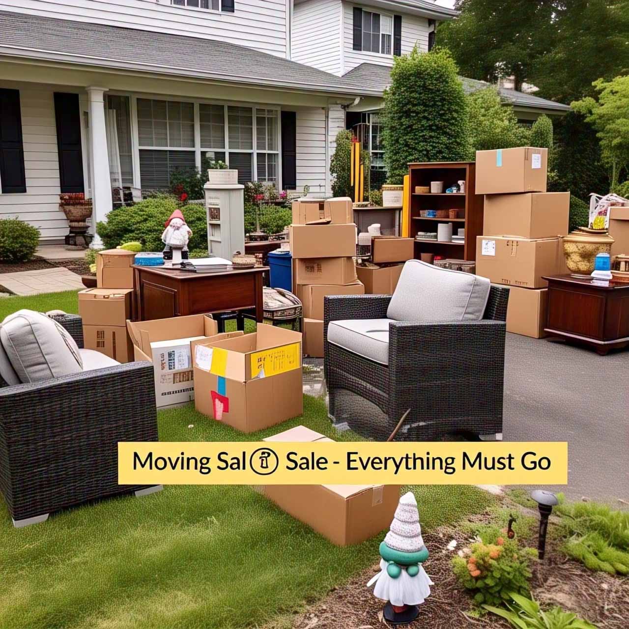 Yard filled with labeled boxes and furniture for a moving sale event