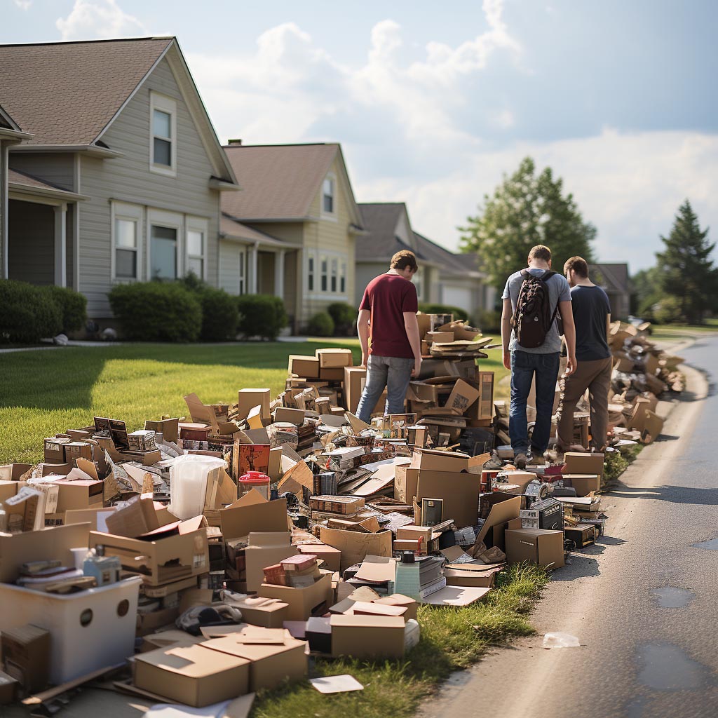 Messy yard sale with scattered boxes and disorganized items on a suburban street