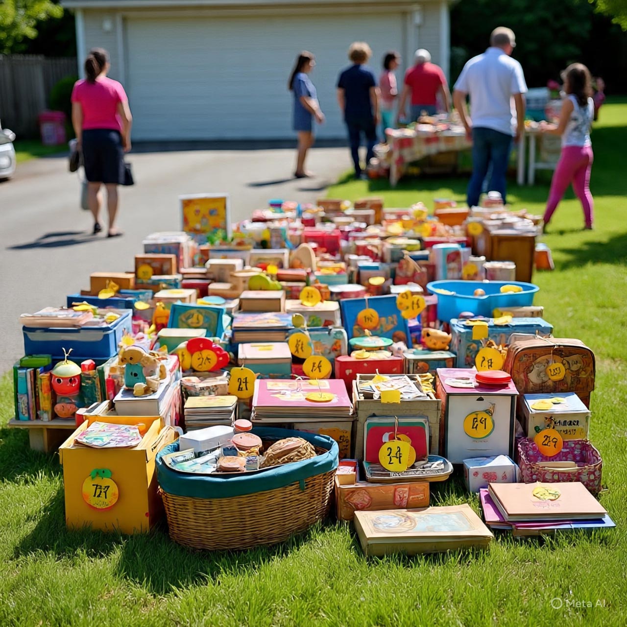 Colorful yard sale items on grass with price tags and people browsing in the background