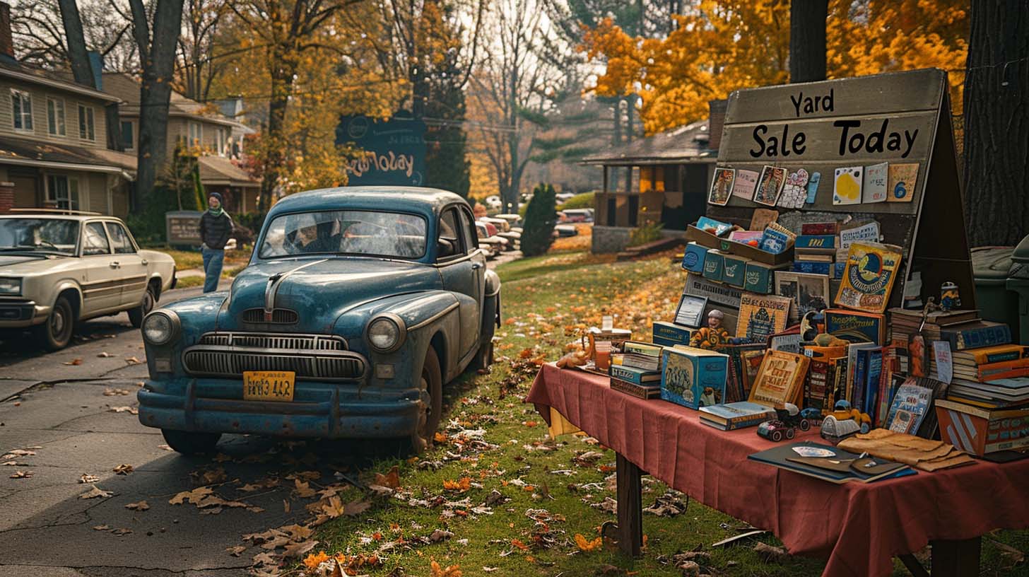 Front yard sale with vintage items, colorful tables, and a "Yard Sale Today" sign on a sunny autumn day