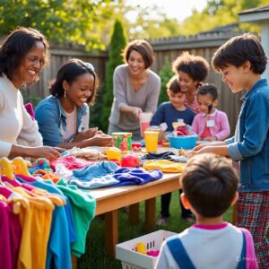 families and children browsing colorful clothes and toys at a cheerful yard sale
