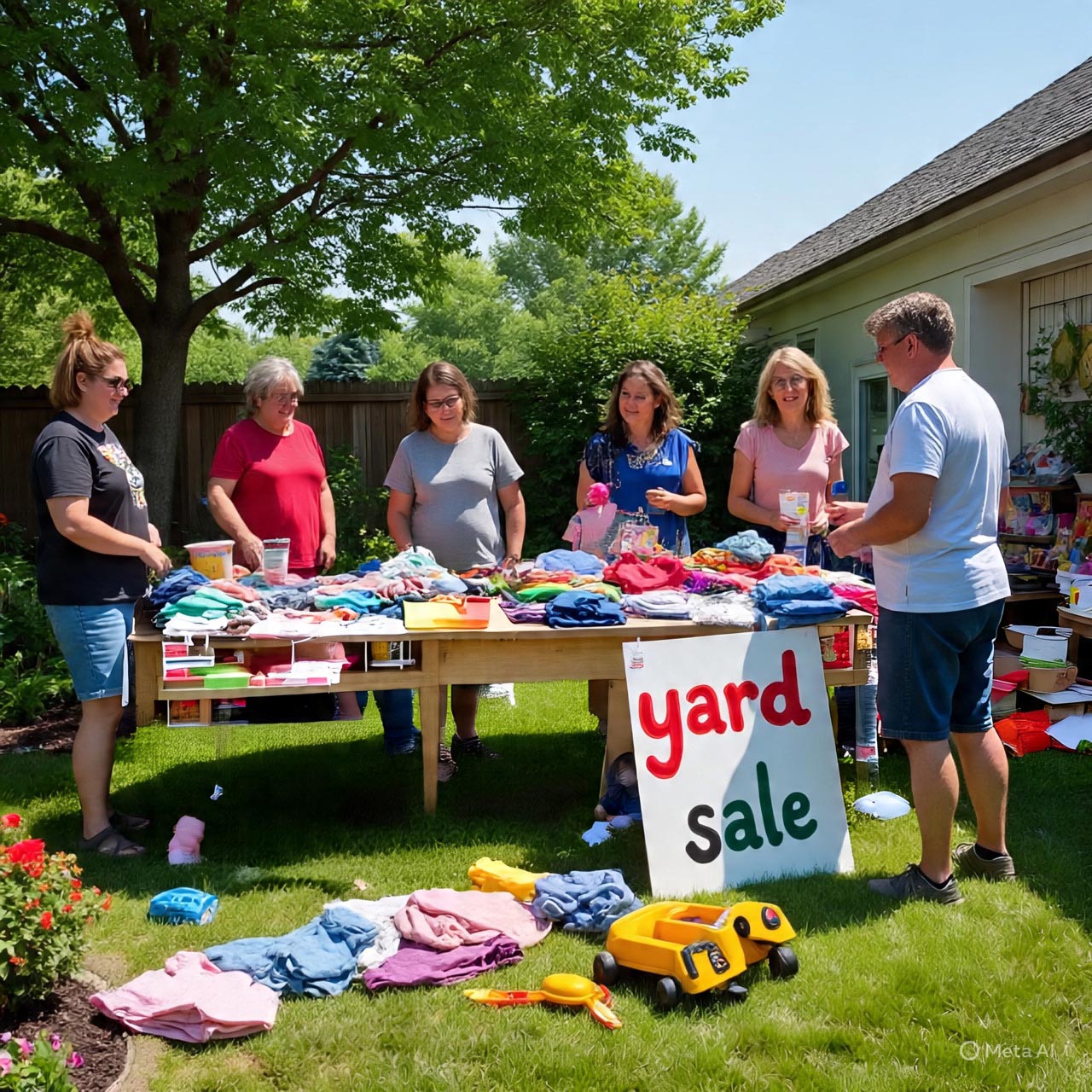 people browsing items at a yard sale with clothes, toys, and a yard sale sign on the grass