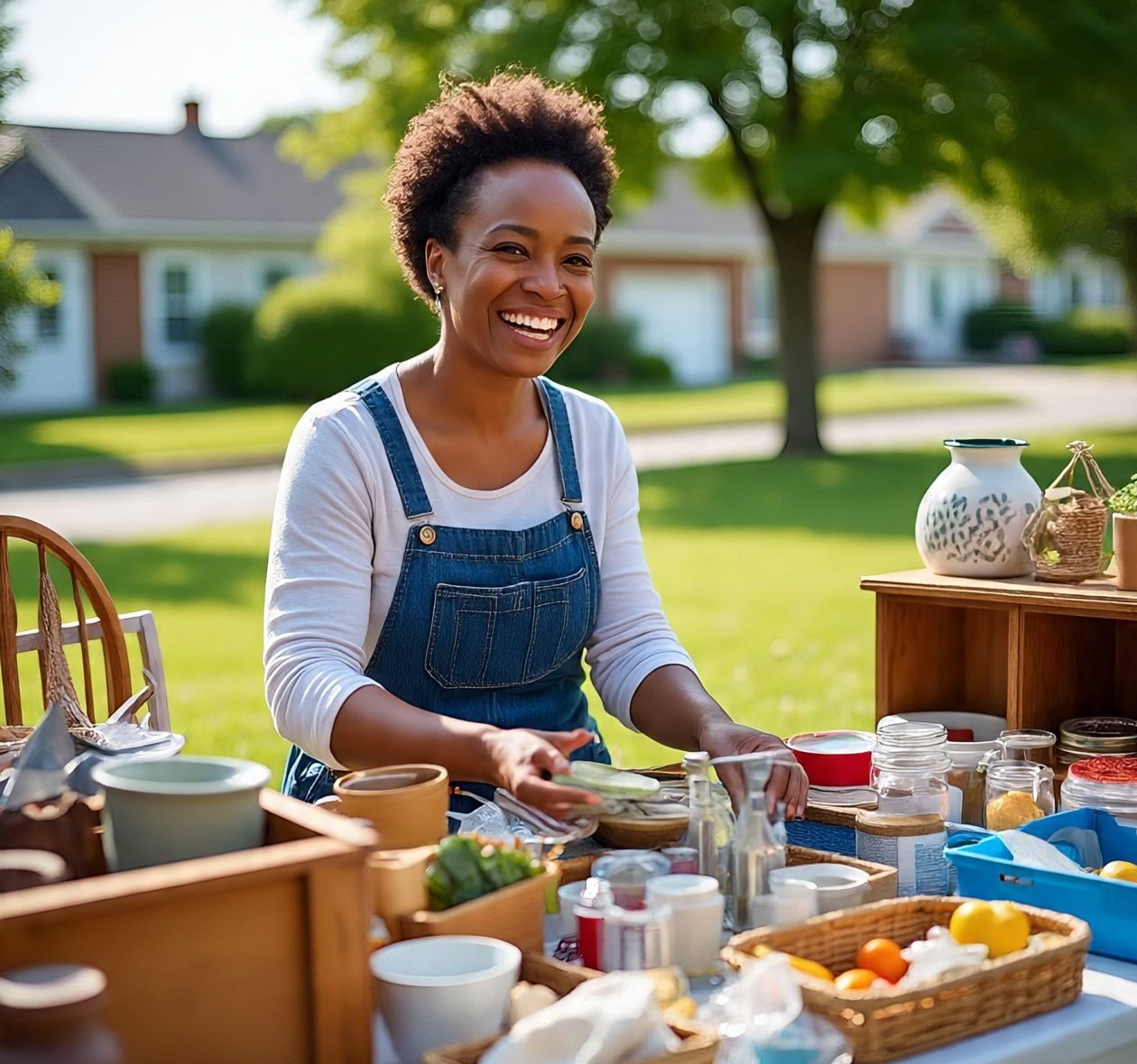 Smiling woman at a yard sale table selling unused household items in a sunny suburban neighborhood