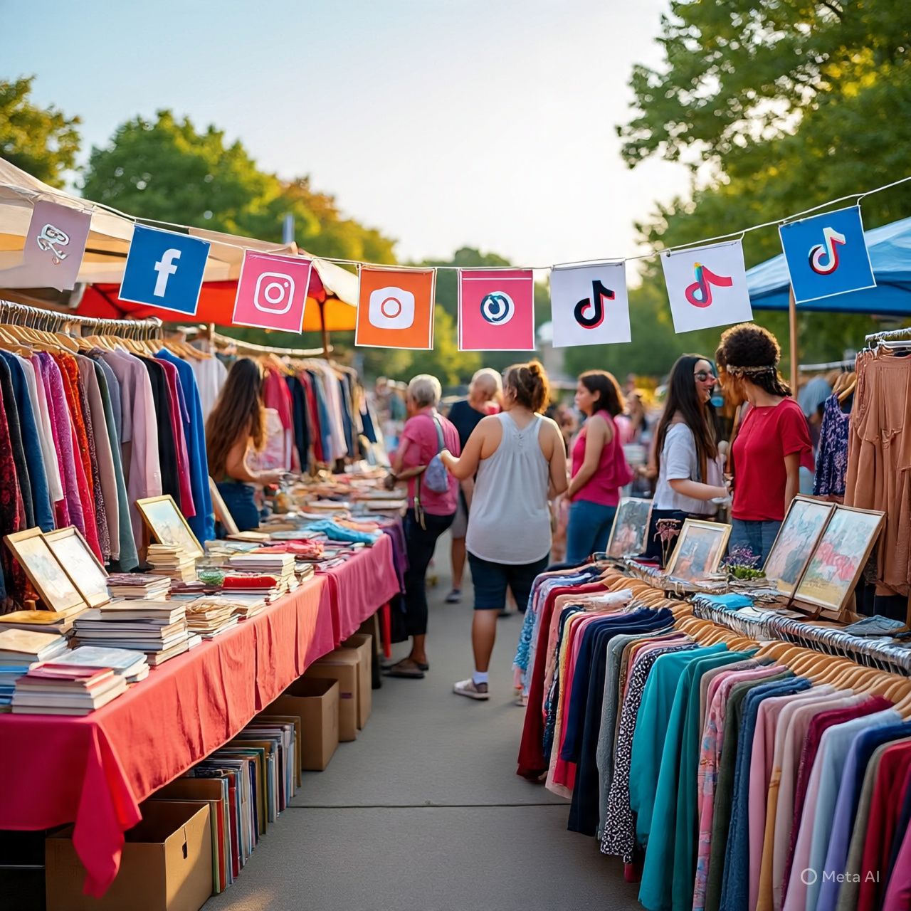 Yard sale with colorful clothing racks, books, and social media banners featuring Facebook, Instagram, and TikTok logos.