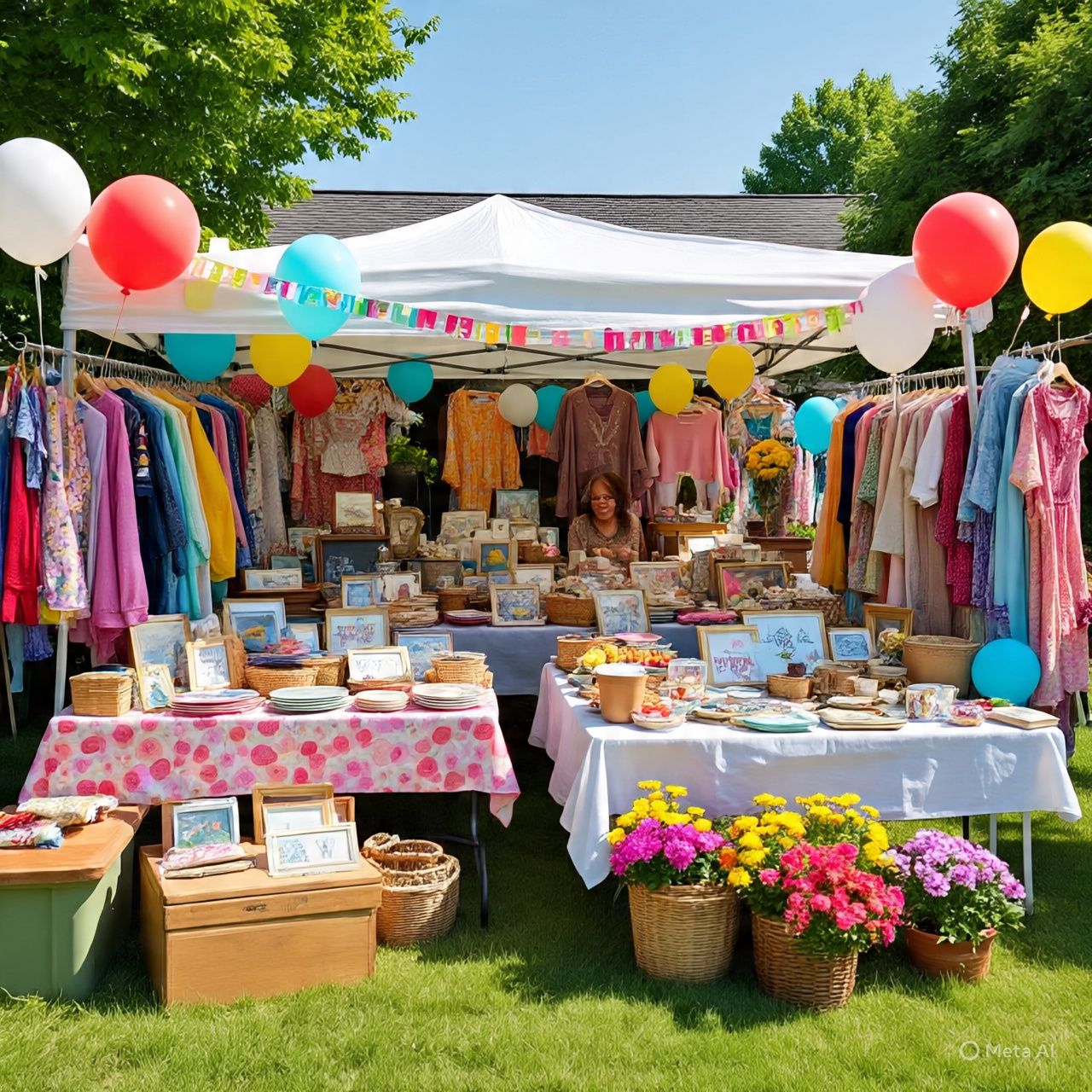 Creative yard sale display with colorful balloons, neatly arranged tables, and a variety of household items for sale.