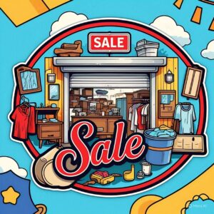 Colorful garage sale logo with open storage unit, clothes, furniture, and household items