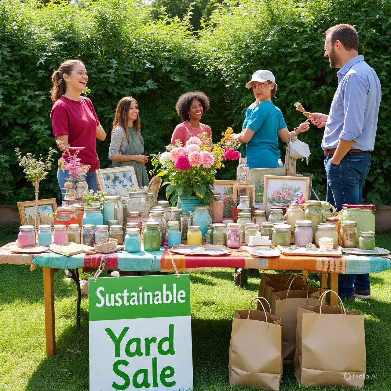 Group of people at a sustainable yard sale with colorful upcycled items on tables in a sunny backyard