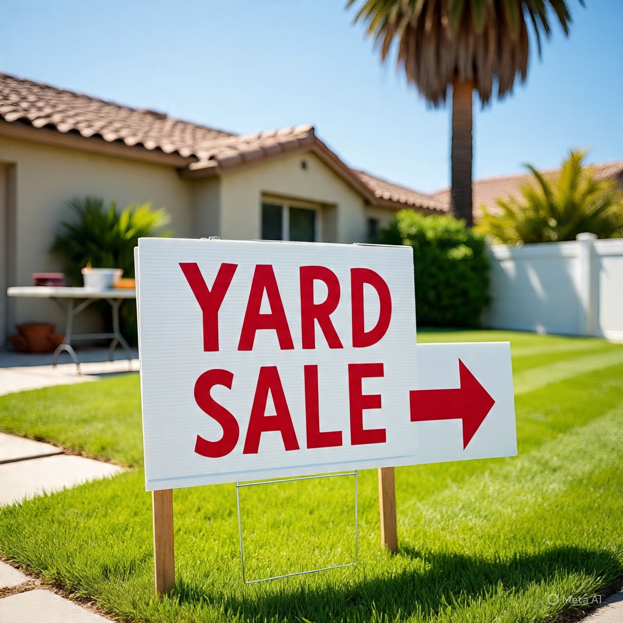 Yard sale sign with right arrow on a California suburban lawn (private property)