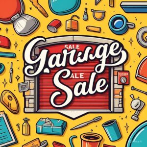 Yellow background garage sale logo with tools, cups, and home items surrounding a red garage door
