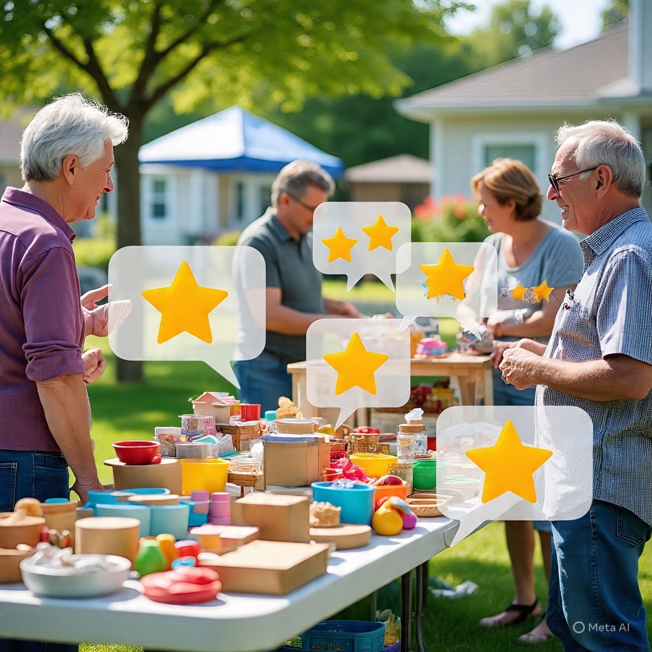 People at a neighborhood yard sale with rating stars above their heads, showing Yard Sales Finder reviews.