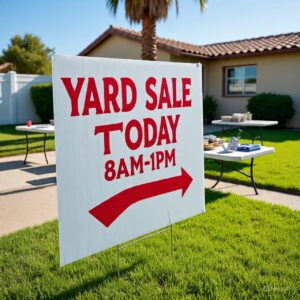 Yard sale today sign with hours on a California front lawn