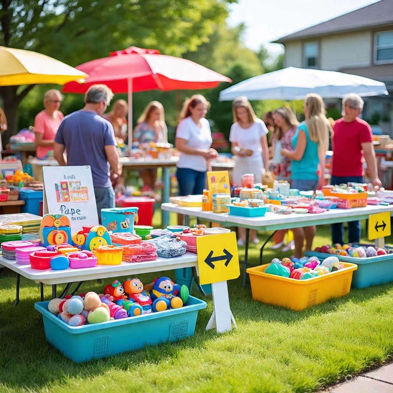 Colorful yard sale scene with tables full of toys, household items, and cheerful shoppers under bright umbrellas