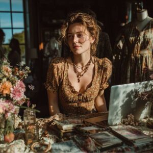Woman preparing for an online yard sale with laptop and vintage items on table