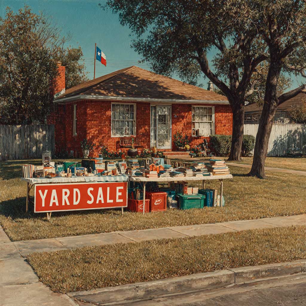 Red-brick Texas home with lawn tables and a big “YARD SALE” banner; Texas flag visible—on-premises sign example.