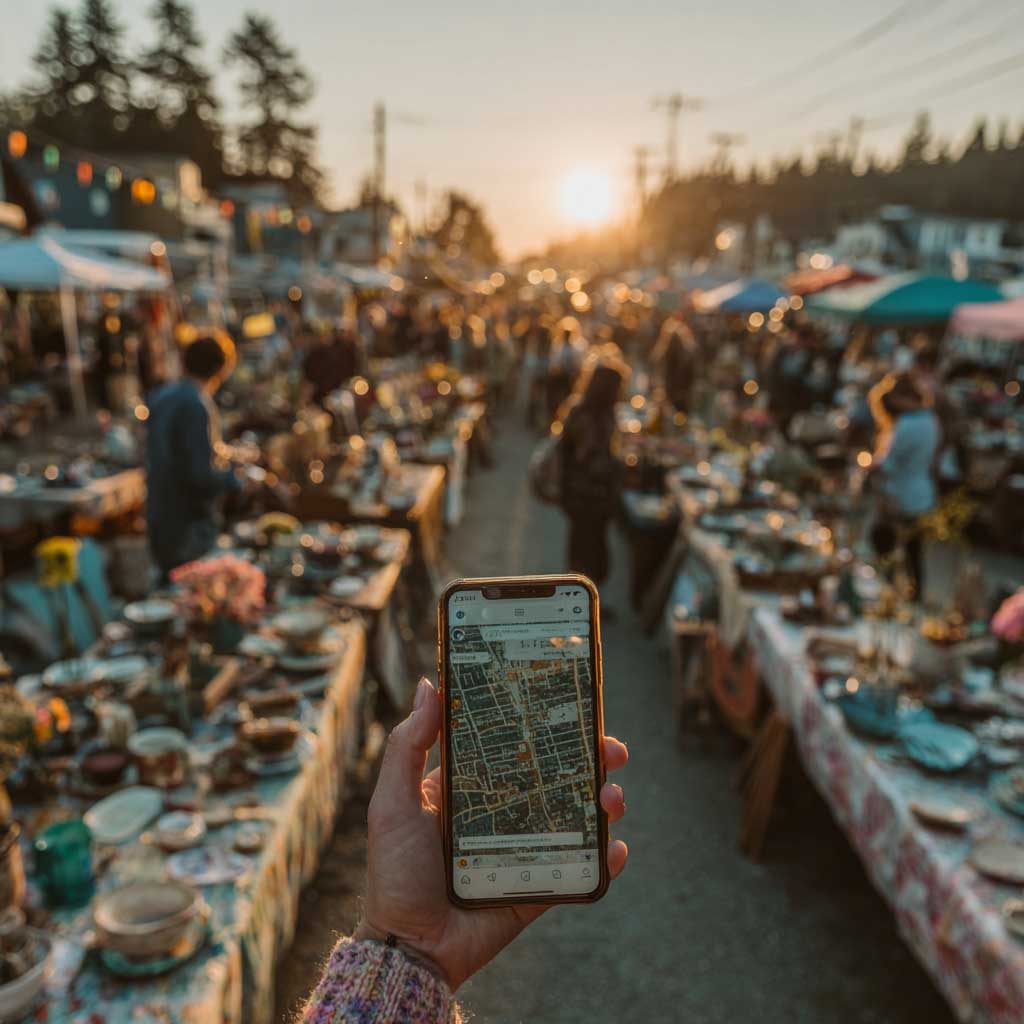 Person holding smartphone showing a vibrant yard sale scene at sunrise