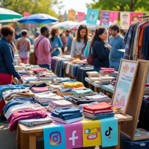 Outdoor yard sale with folded clothes, books, and social media signs for Instagram, Facebook, and TikTok.