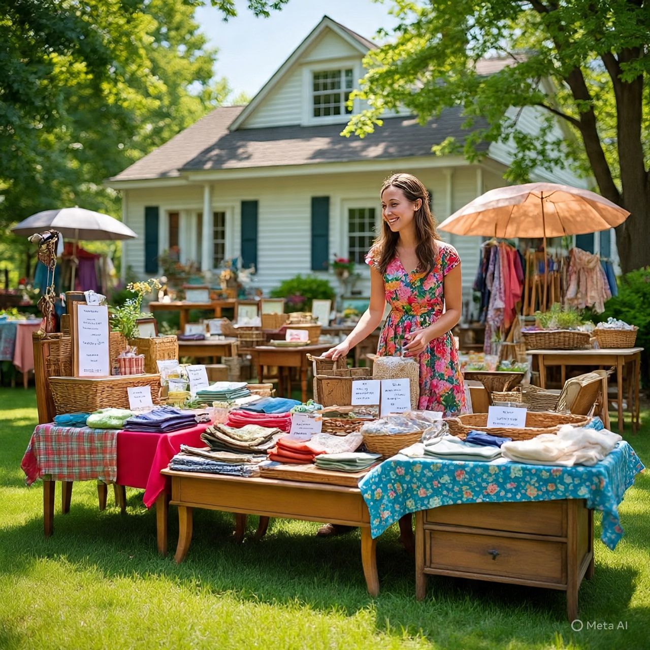 Smart Yard Sale Strategist arranging colorful tables with priced household items in a sunny green yard in front of a white house.