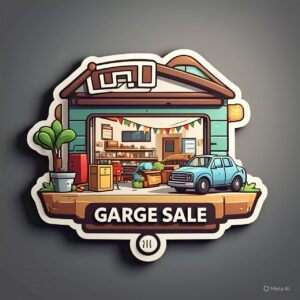 Garage sale logo with blue car parked outside an open garage filled with items for sale