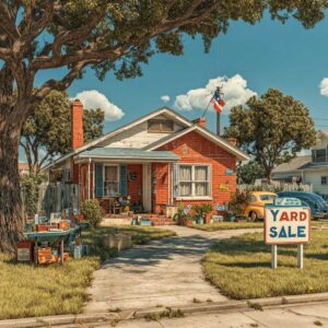 Texas bungalow with yard-sale tables and a stake “YARD SALE” sign placed on the lawn; sidewalk and driveway kept clear.