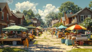 Neighborhood Street Yard Sale with Multiple Stalls