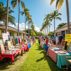 Florida Neighborhood Garage Sale with Families and Palm Trees