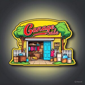 Garage sale logo with bright yellow background, open garage, trees, and picket fence