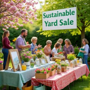 Sustainable yard sale under blooming trees with colorful plants and upcycled goods on display