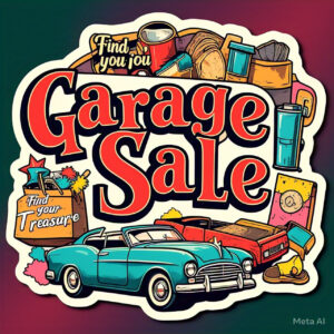 Retro garage sale logo with classic car, boxes, and household items
