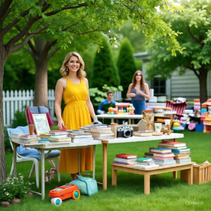Smart Yard Sale Strategist selling books, decor, and toys at a well-organized outdoor sale under a tree on a sunny day.