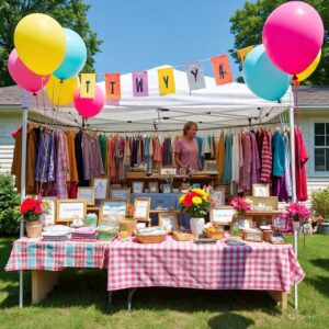 Creative yard sale setup with checkered tablecloths, balloons, and neatly displayed vintage items.