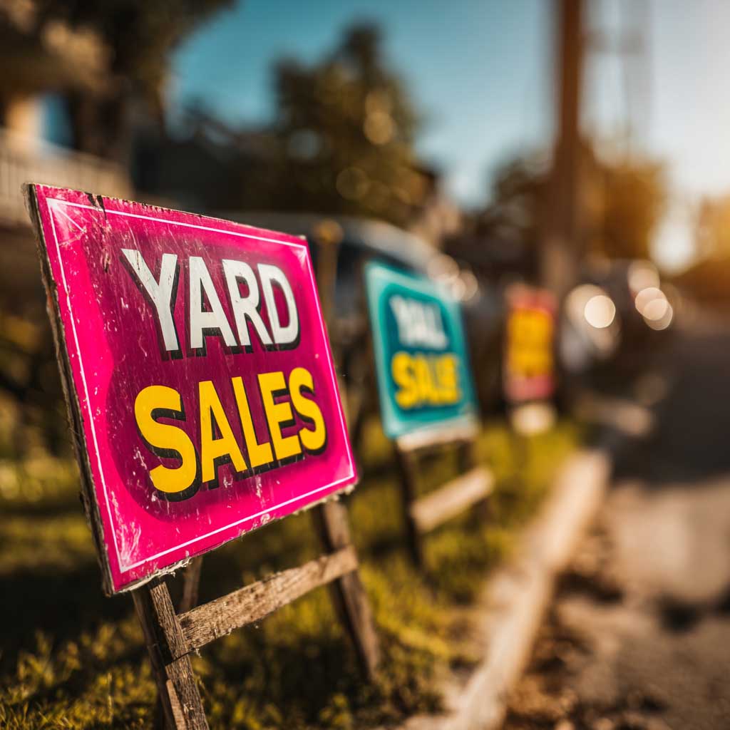 Bright pink “Yard Sales” sign on a suburban street with colorful sale signs in the background.