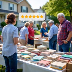 A yard sale book table with five-star ratings shown in speech bubbles, representing Yard Sales Finder reviews.