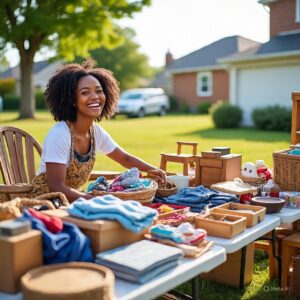 Woman with curly hair smiling while selling clothes and home goods at a yard sale table