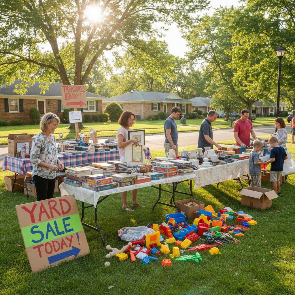 Yard sale marketing on a budget with families browsing tables of toys, books, and household items in a suburban neighborhood.