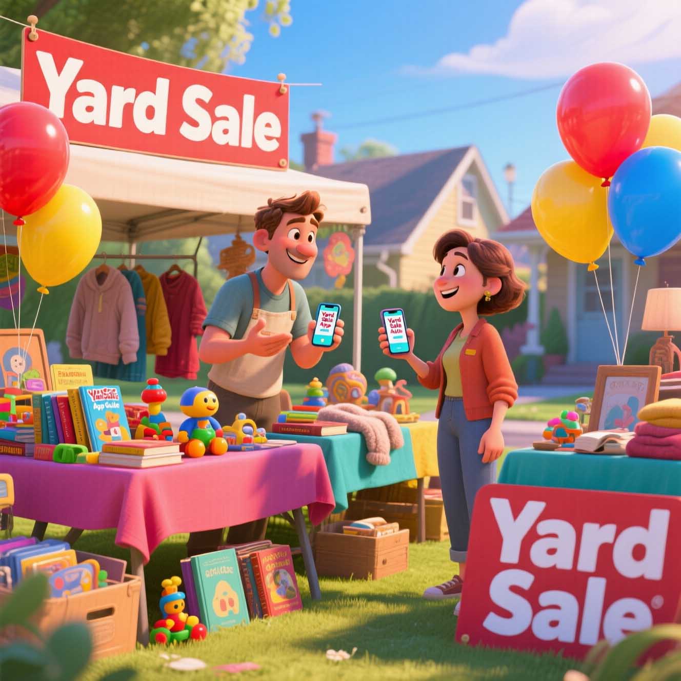 Couple using the Yard Sale App Guide at a colorful yard sale