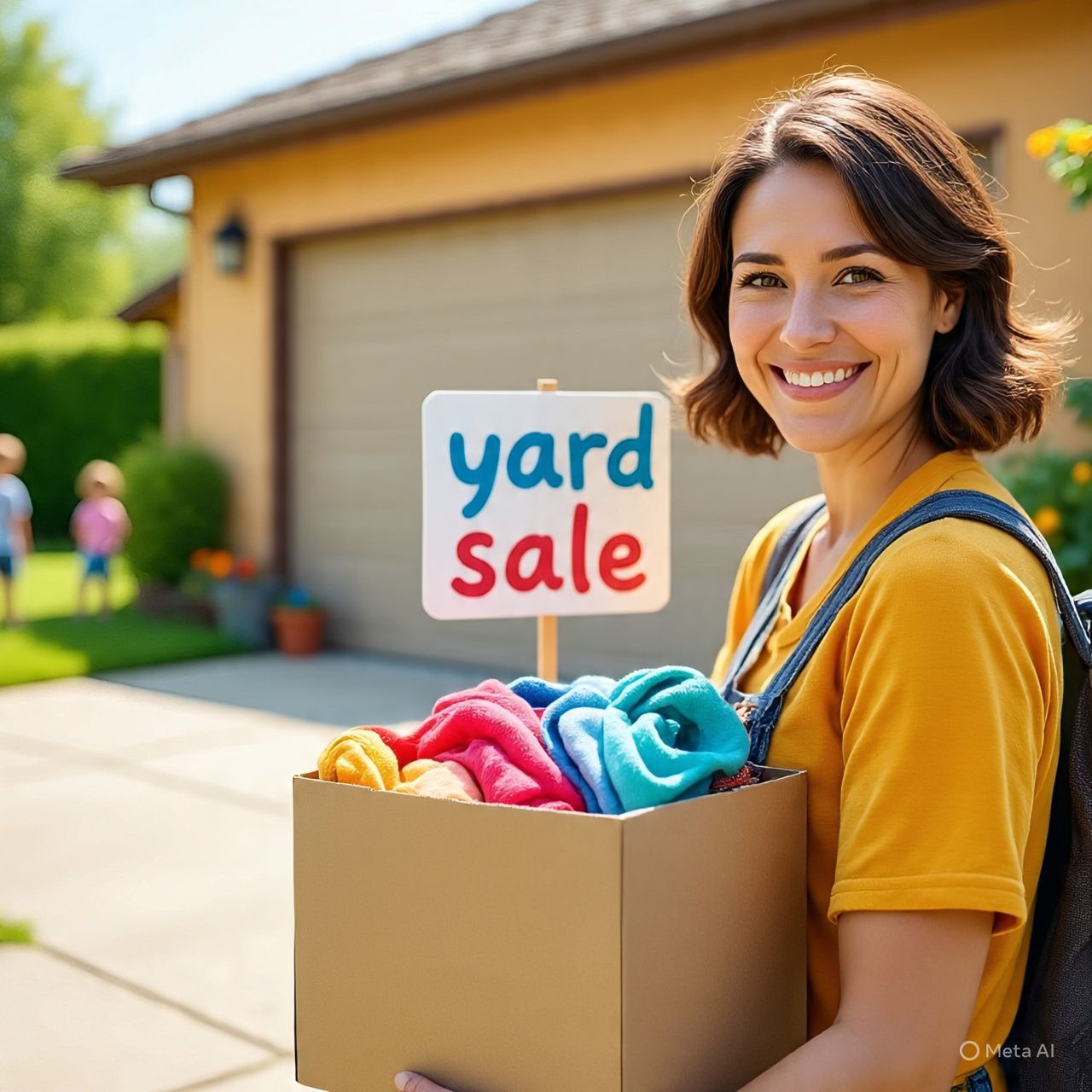 Woman holding box of colorful clothes with “Yard Sale” sign in front of garage
