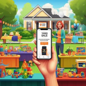 Using the Yard Sale App Guide on a smartphone at a community yard sale