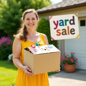 Woman in yellow holding box of children’s toys at a yard sale